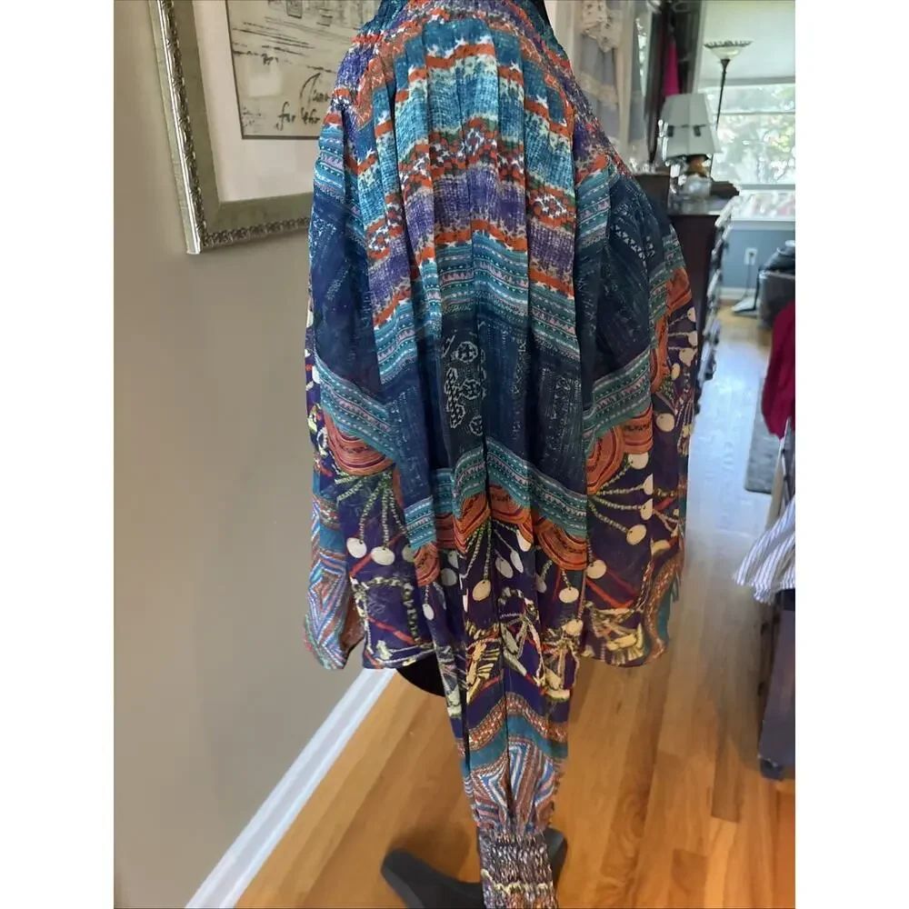 CAMILLA off shoulder or Silk Blouse crystals blue red open sleeve Shirred Cuff L - Picture 6 of 13
